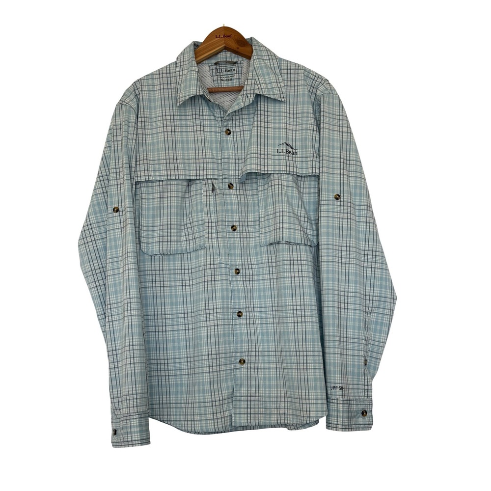 LL Bean Mens UPF 50+ Long Sleeve Plaid Fishing Shirt Blue Medium Regular Vent